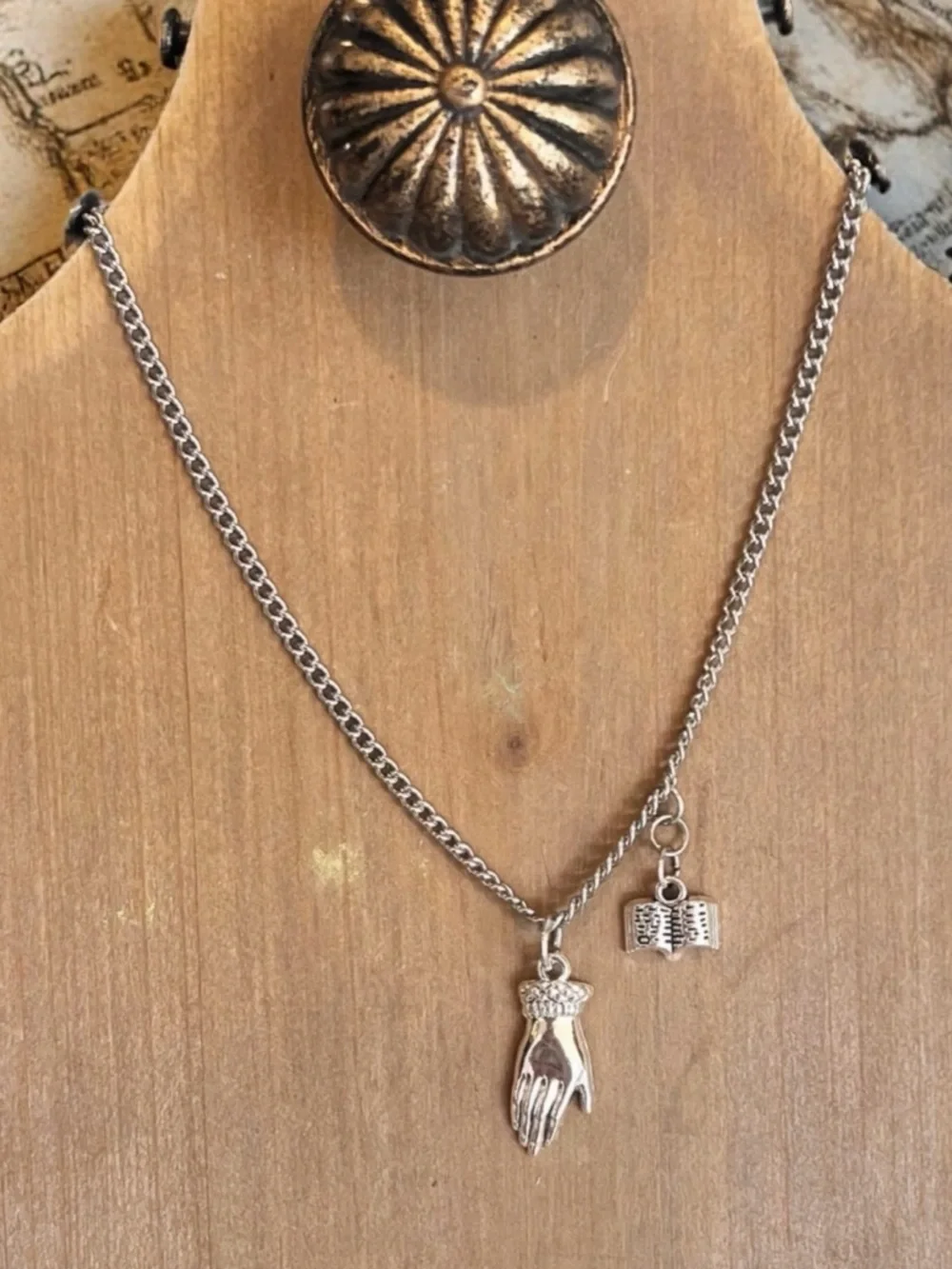 DND Wizard Silver Toned Hand Charm Necklace with Book
